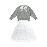 Gray Lace-Bow Top with Tiered Skirt