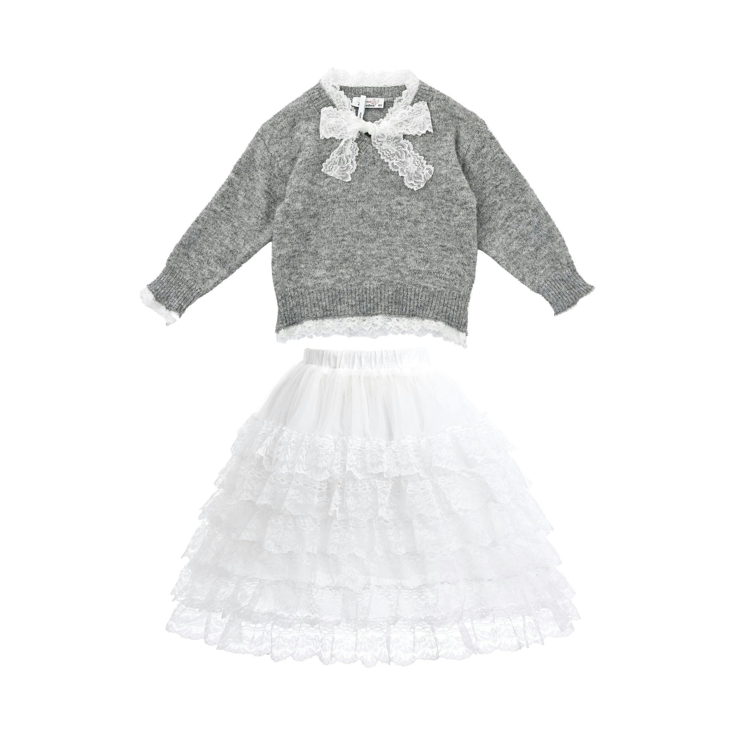 Gray Lace-Bow Top with Tiered Skirt