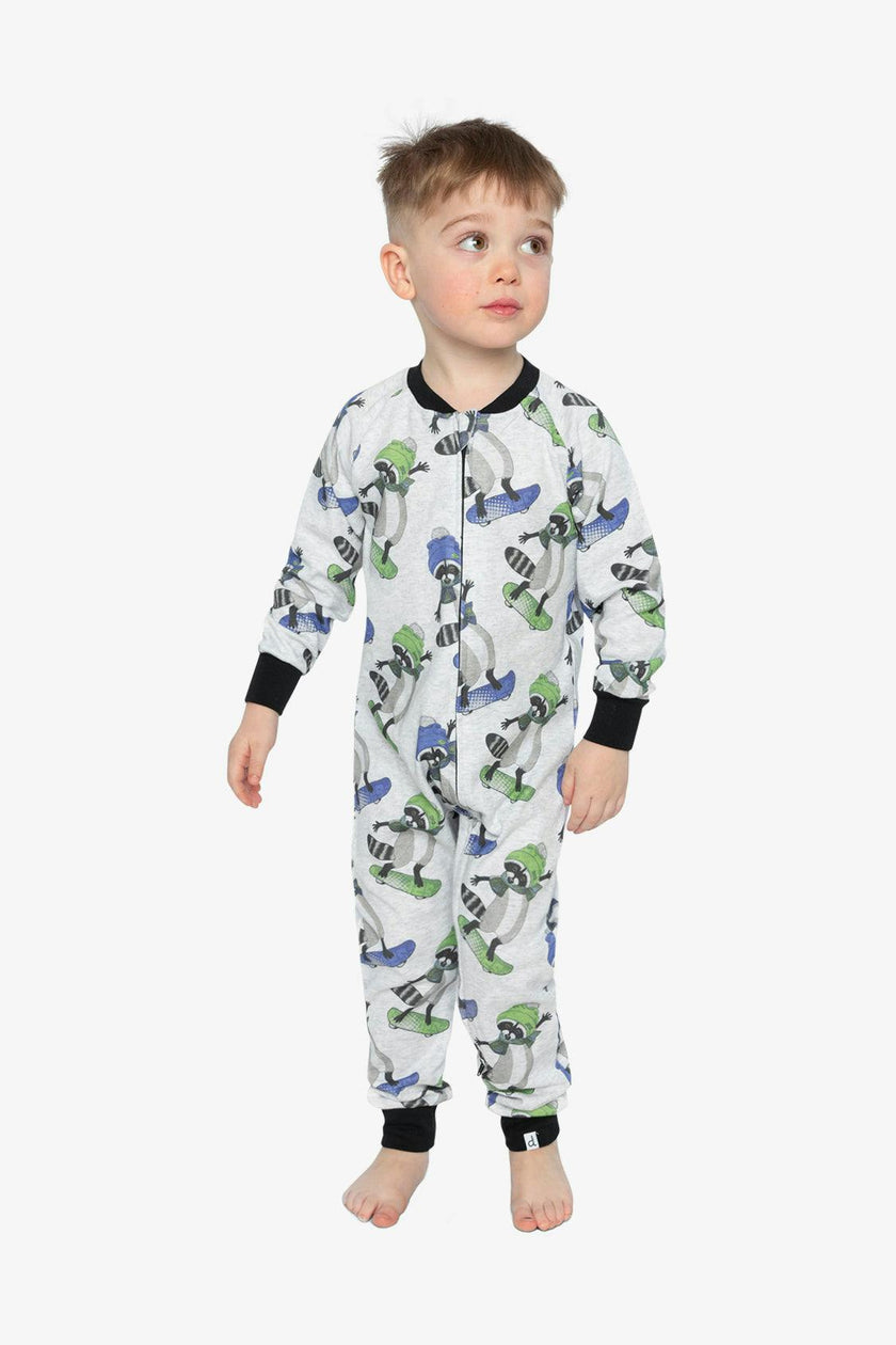 Organic Cotton One Piece Pajama Beige Raccoon Print