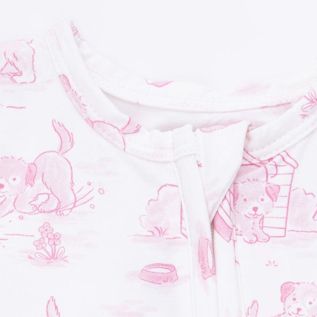 Puppy Toile Pink - 2 Way Ruffle Back Zipper Footie