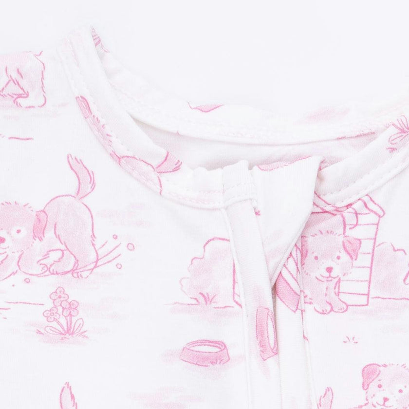 Puppy Toile Pink - 2 Way Ruffle Back Zipper Footie & Swaddle Blanket Set