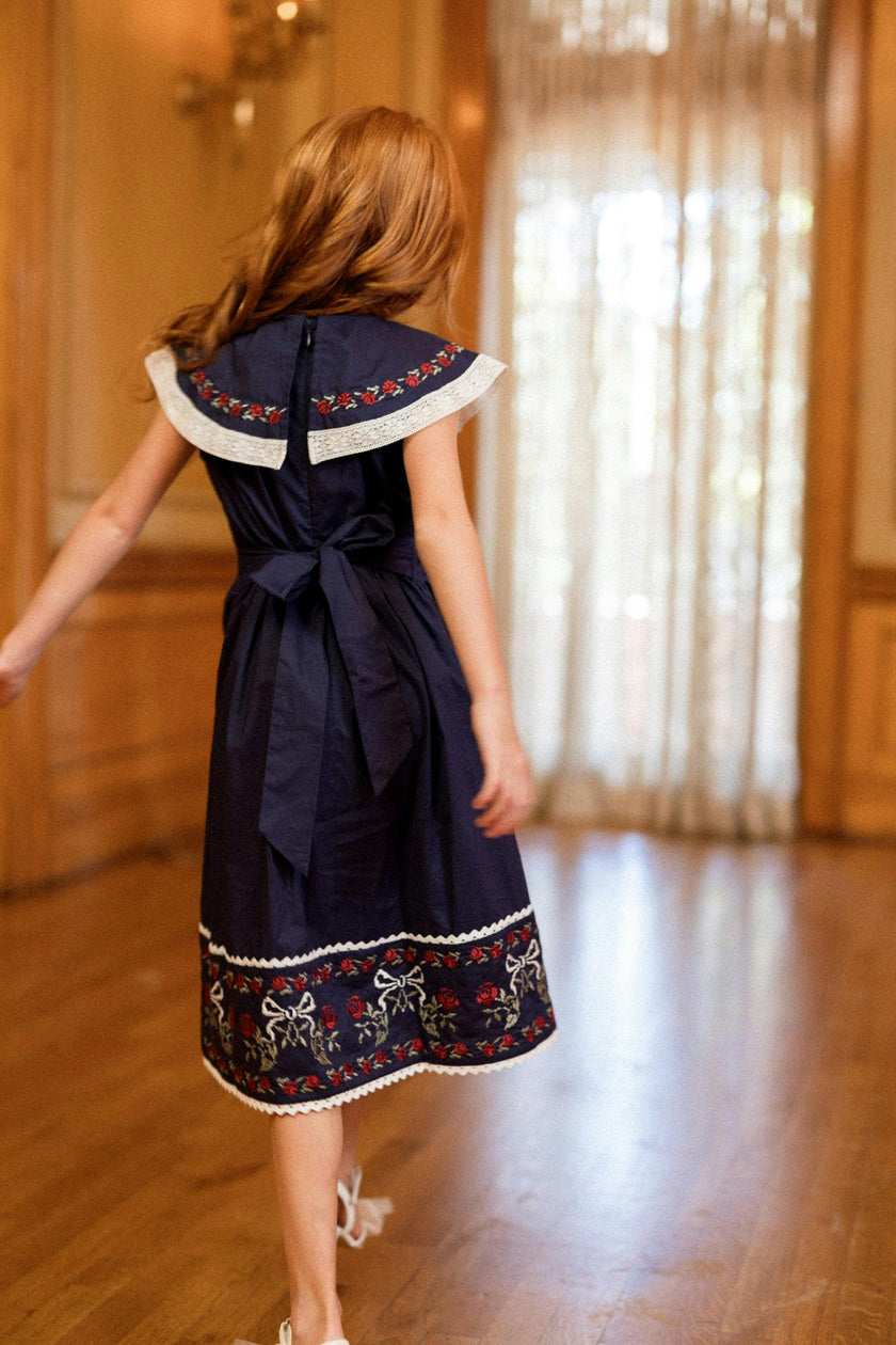 Mini Aster Dress in Sapphire Rosette Embroidery