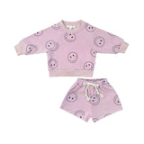 Lavender Smiley Face 2pc Crewneck Terry Shorts Set