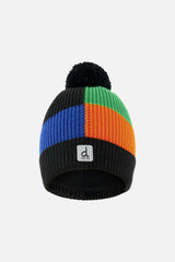 Winter Knit Hat with Pompom Black, Blue, Green and Orange Tiles