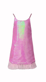 Crystal Feather Trim Sleeve Shimmer Sequin Dress