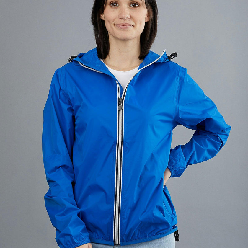 Women's royal blue full zip packable rain jacket and windbreaker