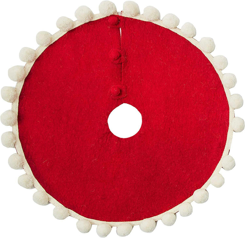 Handmade Pom Poms Red Hand Felted Wool Mini Christmas Tree Skirt 26"