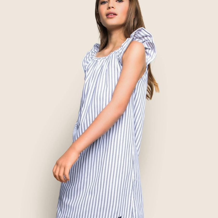 Girl's Twill Isabelle Nightgown in Navy French Ticking