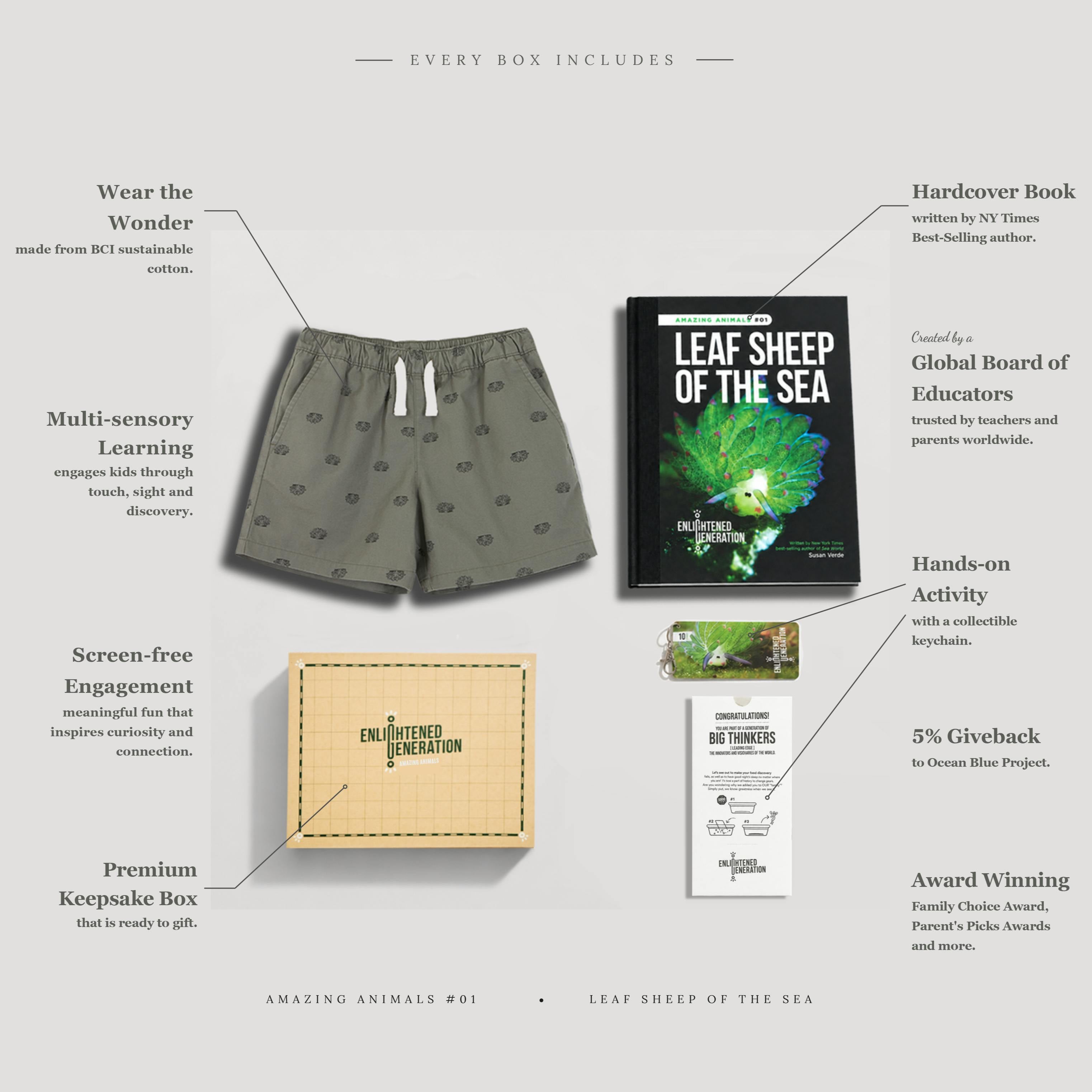 Leaf Sheep Sea Wonders Gift Box with Print Kids Shorts, Book, and Activities
