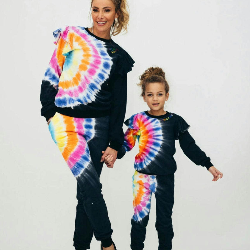 Rainbow Tie-Dye Ruffle Sweatshirt And Pant Set