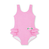 Gingham Swimsuit With Ruffles And Flower