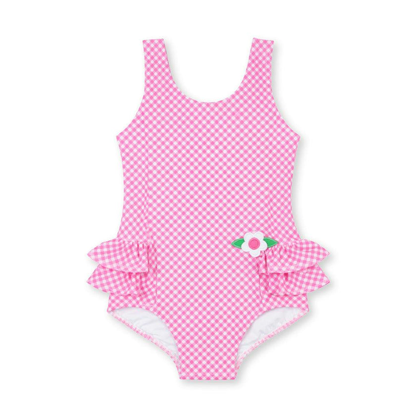 Gingham Swimsuit With Ruffles And Flower