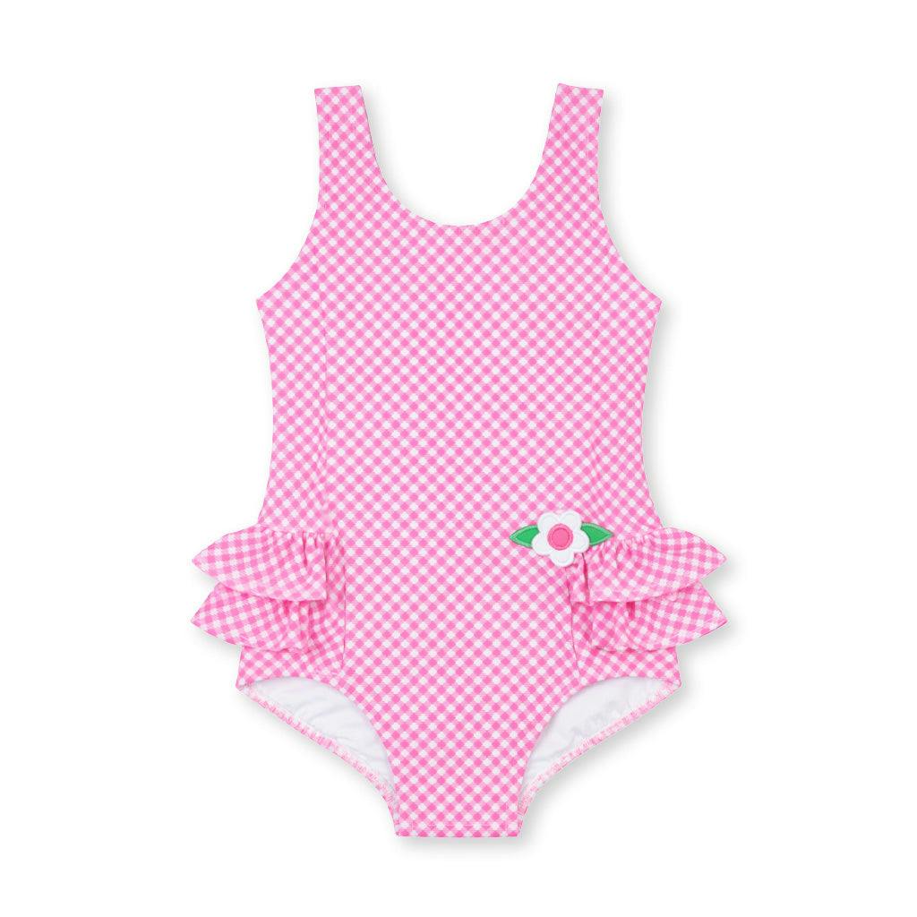 Gingham Swimsuit With Ruffles And Flower