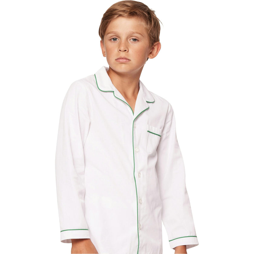Kid's Twill Pajama Set in White with Green Piping