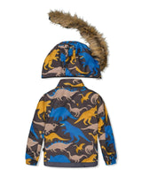 Two Piece Play Snowsuit Grey and Blue Dinosaur Print with Blue Pants