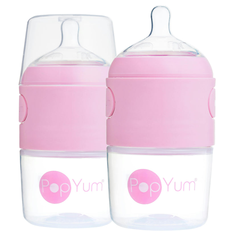 PopYum 5 oz Pink Anti-Colic Formula Making/Mixing/Dispenser Baby Bottles, 2-Pack with #1 Slow Flow Nipples