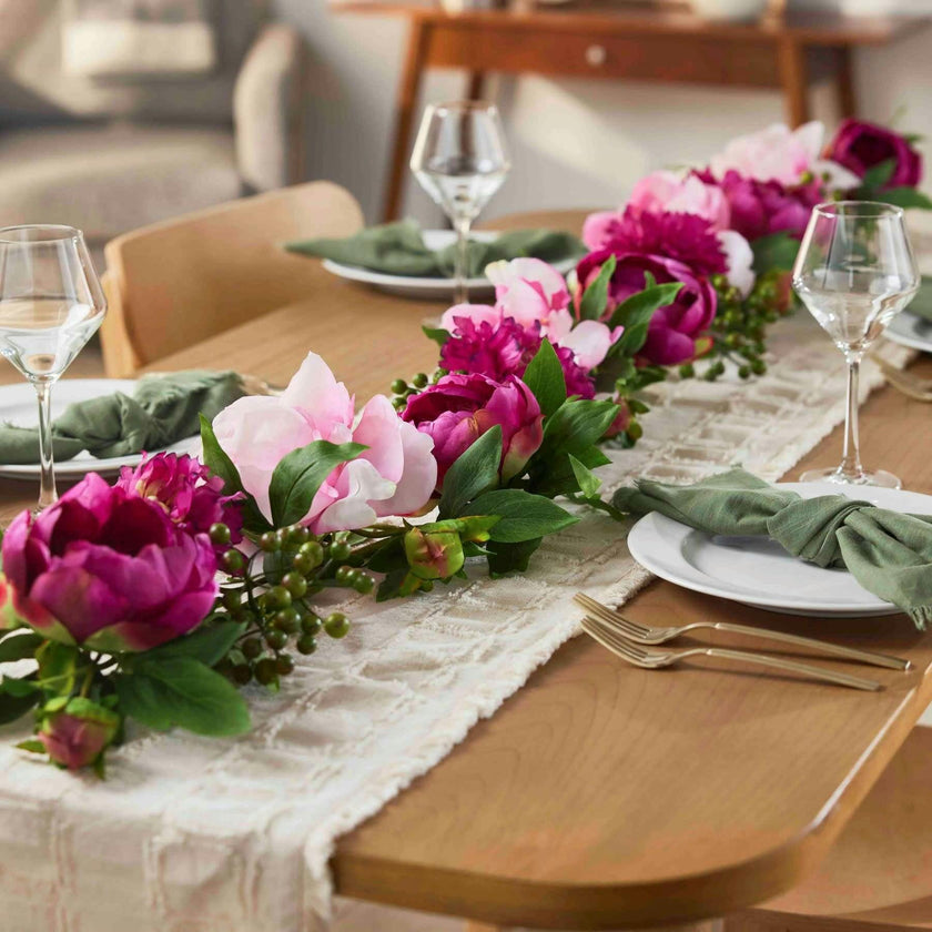 Pink Peony & Beauty Ranunculus Mixed Floral Mantel Garland Spring Summer Table Runner