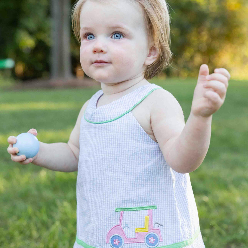 Check Seersucker Skirted Romper with Golf Cart