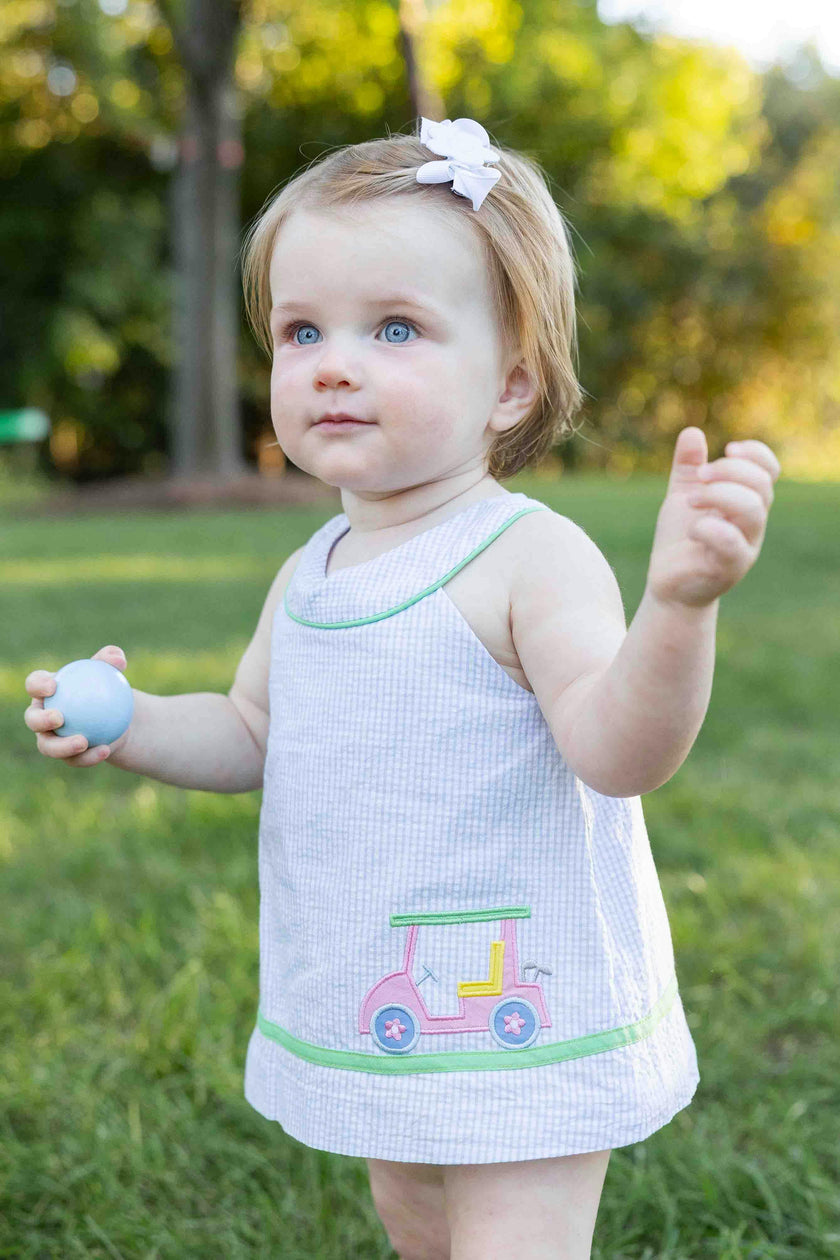 Check Seersucker Skirted Romper with Golf Cart