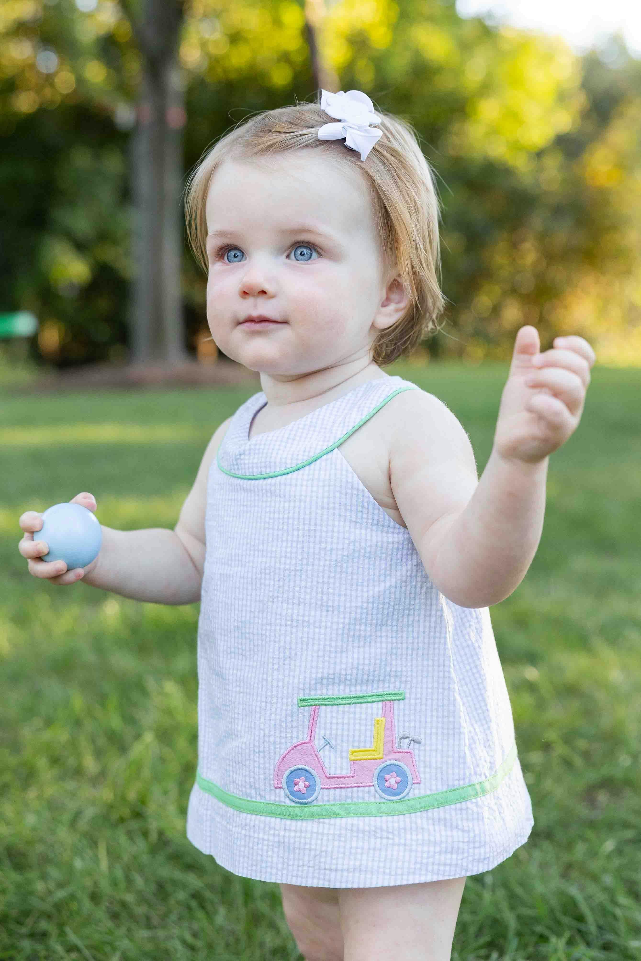 Check Seersucker Skirted Romper with Golf Cart