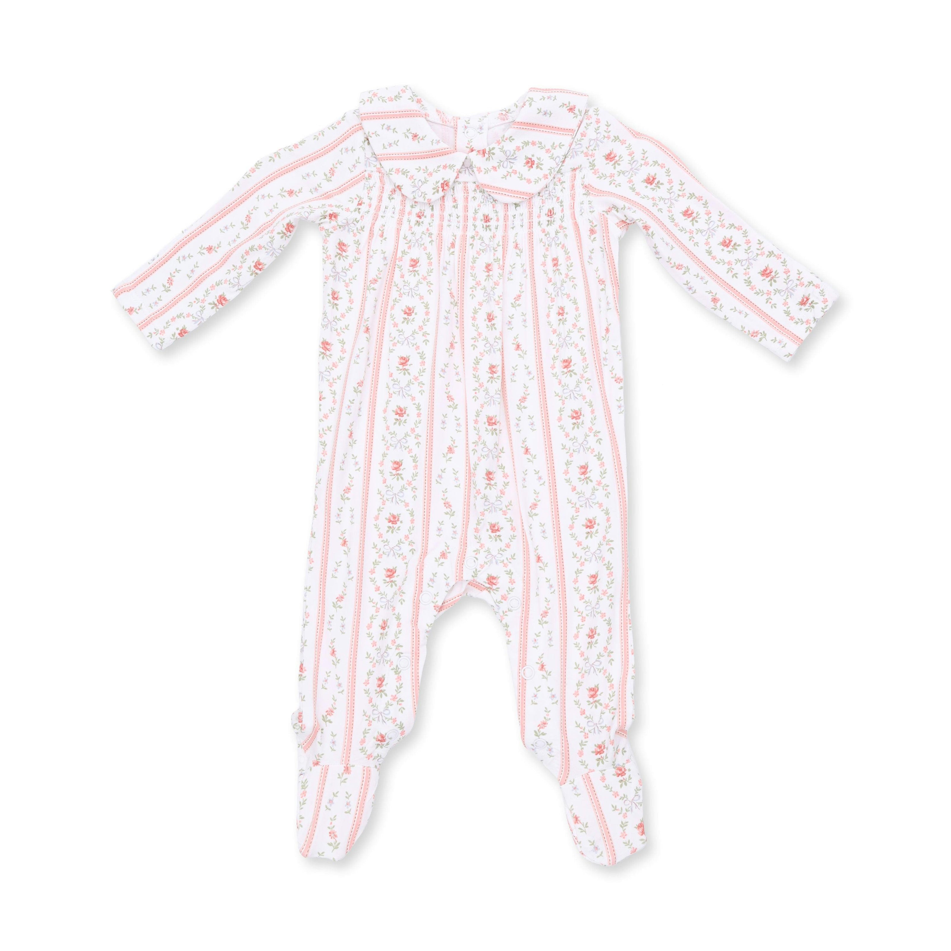 Marnie Rosebud Stripe - Smocked Peter Pan Snap Footie