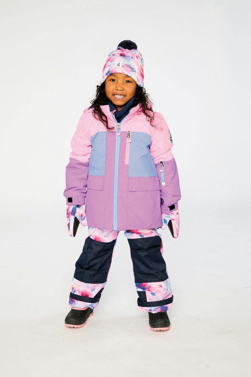 Two Piece Play Snowsuit Pink And Purple Colorblock With Watercolor Floral Print Pants