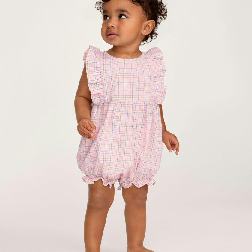 Baby's Twill Ruffled Romper in Peony Plaid