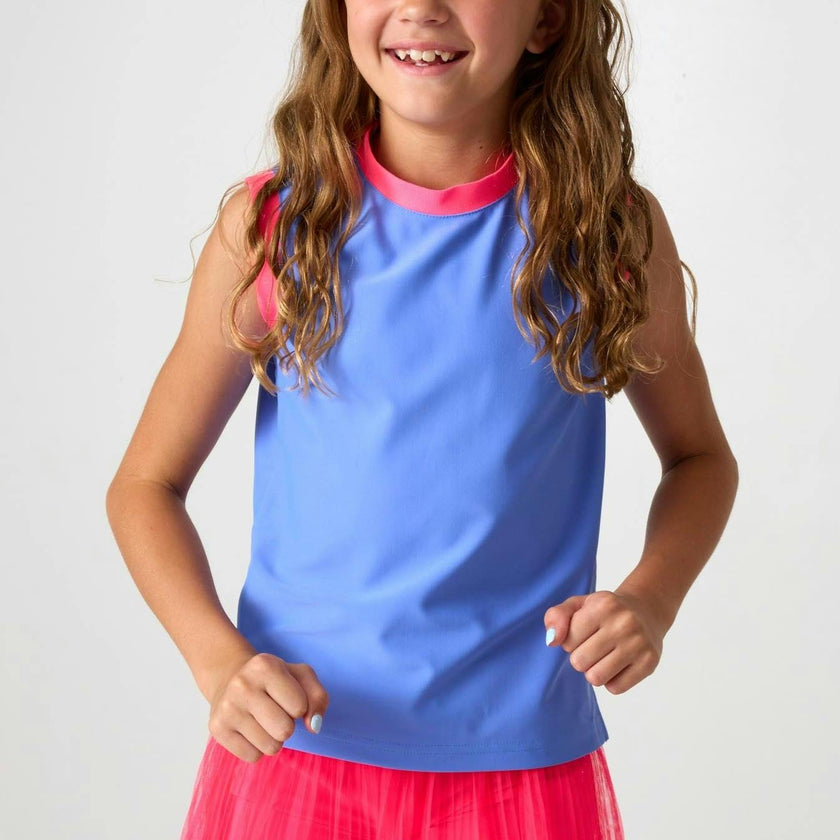 sky blue/neon pink muscle tank