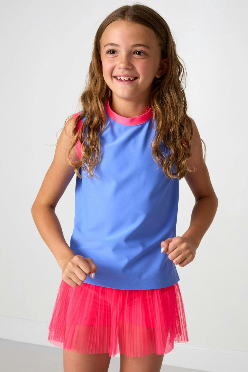 sky blue/neon pink muscle tank