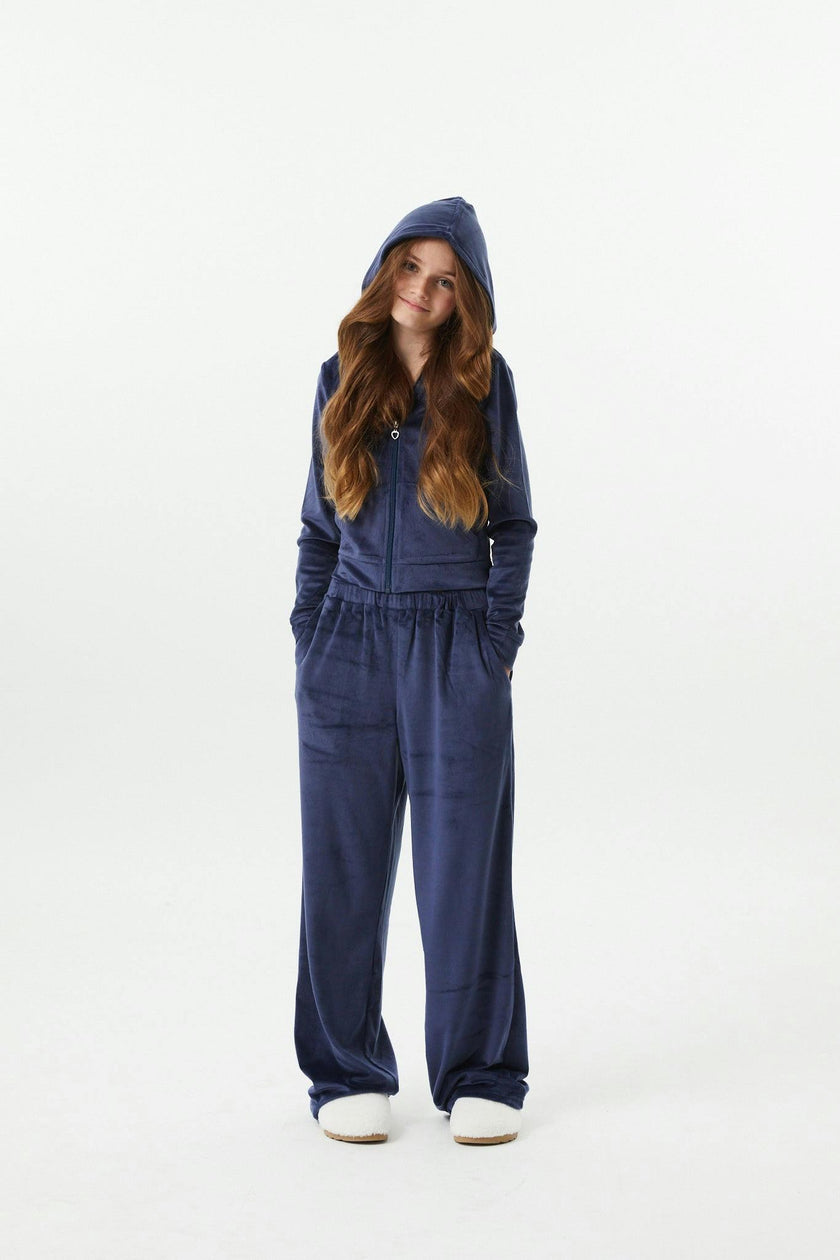 Elle Navy Stretch Velour Zip up Hoodie Sweatshirt