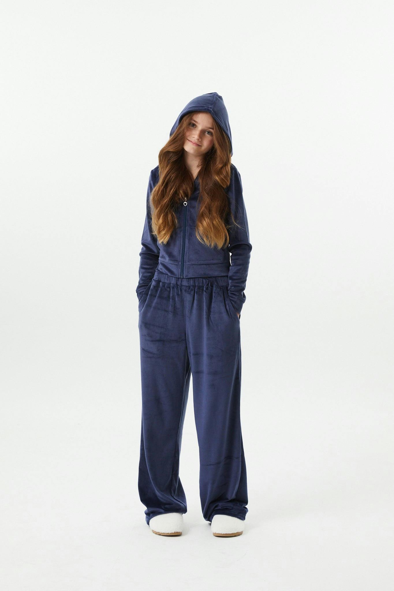 Elle Navy Stretch Velour Zip up Hoodie Sweatshirt
