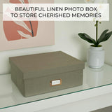 Decorative Photo Storage Box - Sturdy Linen Photo Organizer with Dividers - Stores Up to 850 4x6 Photos - Portable Scrapbook Storage Container with Lid
