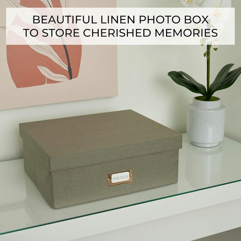 Decorative Photo Storage Box - Sturdy Linen Photo Organizer with Dividers - Stores Up to 850 4x6 Photos - Portable Scrapbook Storage Container with Lid