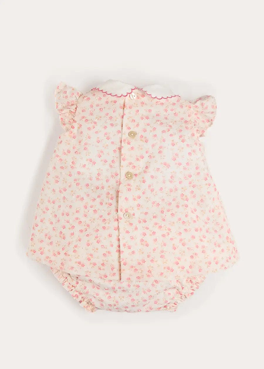 Martha Floral Hand Smocked Cap Sleeve Scallop Collar Dress in Pink (1-9mths)