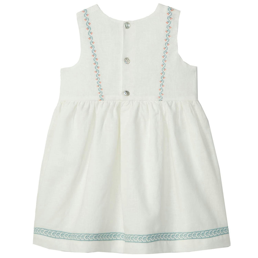 LARANJINHA Embroidered Weekend Dress - Off-White & Salmon