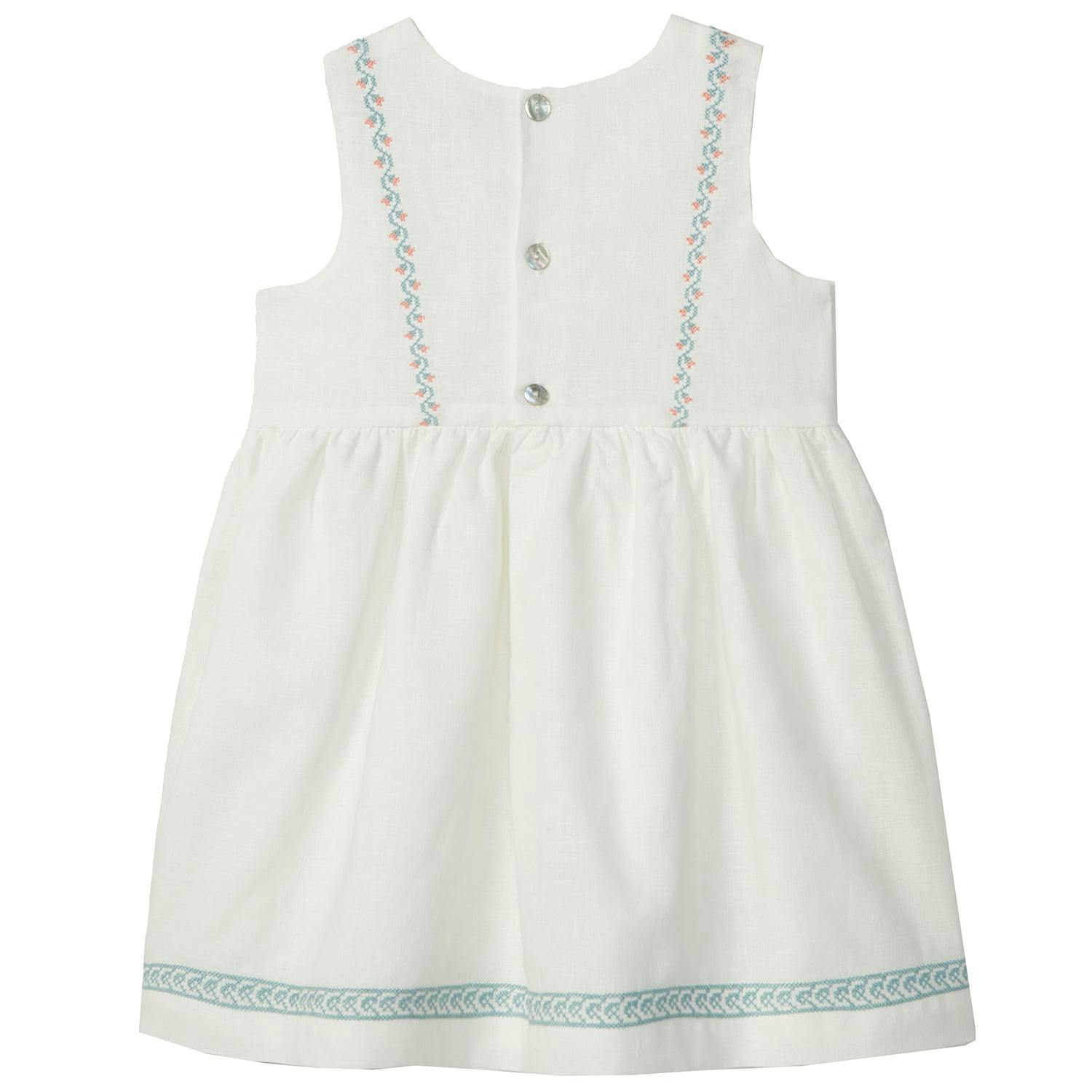 LARANJINHA Embroidered Weekend Dress - Off-White & Salmon