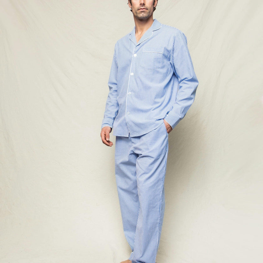 Men's Twill Pajama Set in French Blue Stripes