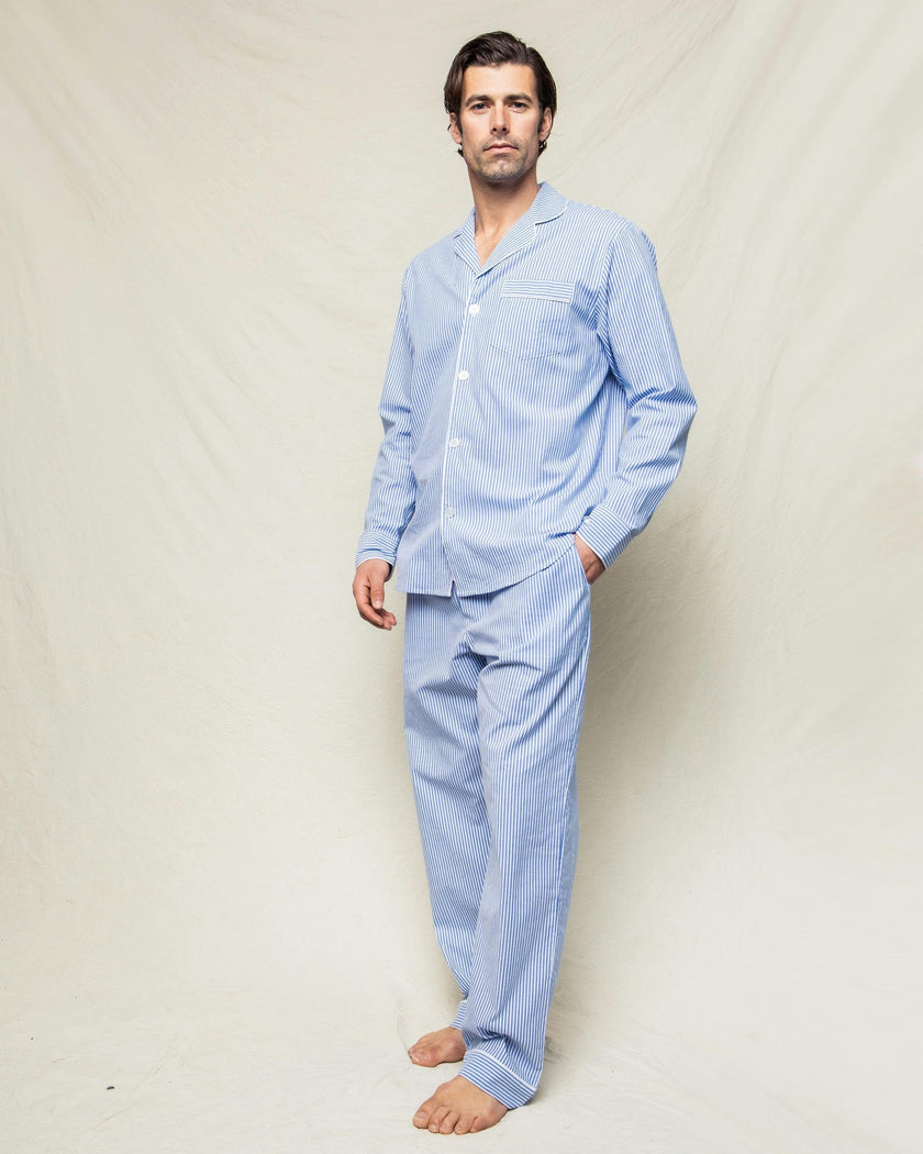 Men's Twill Pajama Set in French Blue Stripes