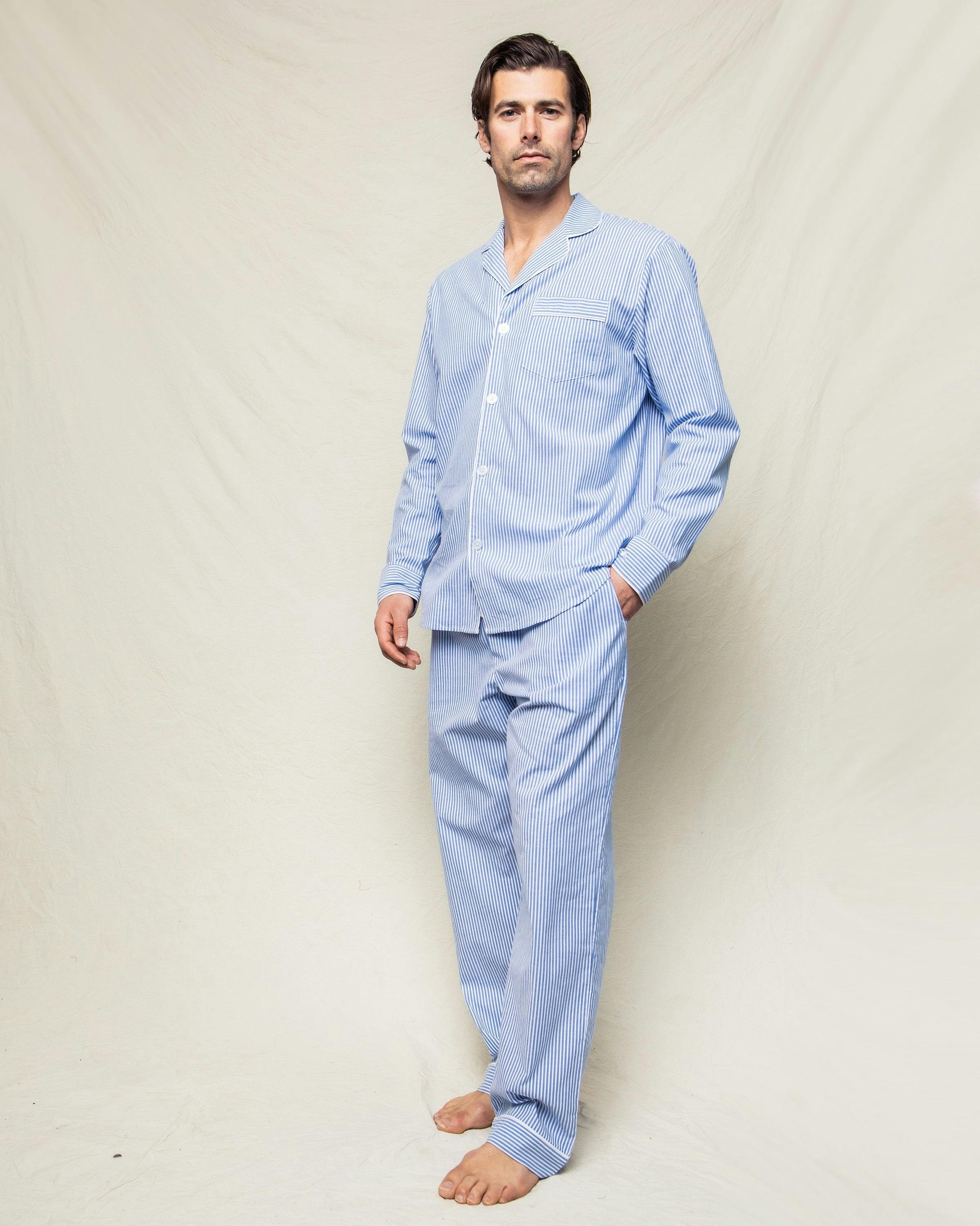 Men's Twill Pajama Set in French Blue Stripes