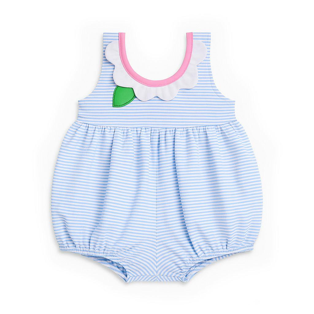 Seersucker Bubble Swimsuit With Petal Neck