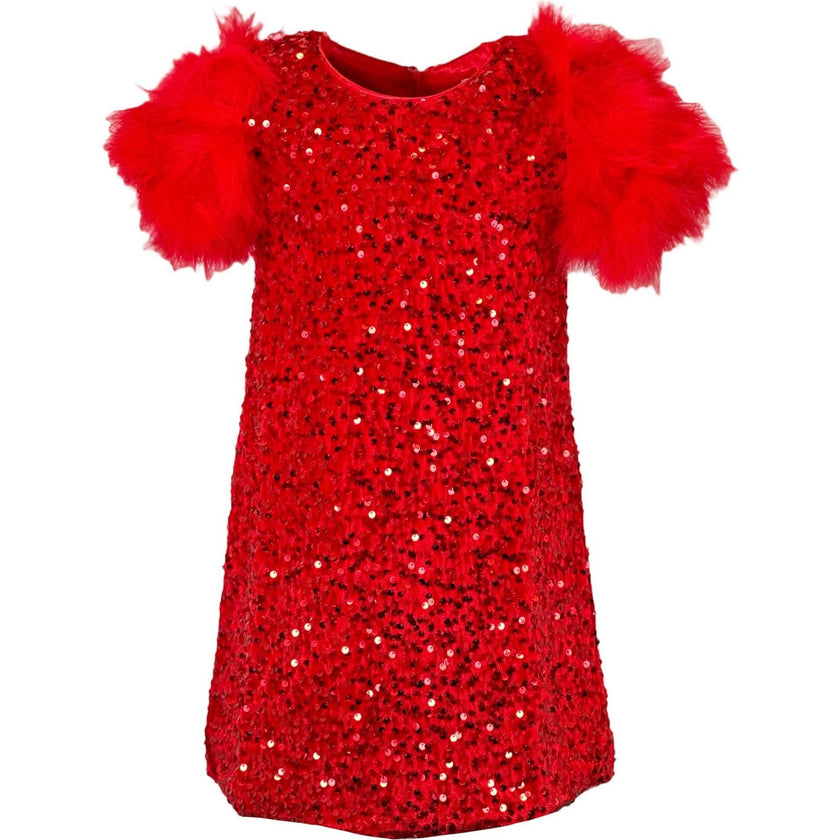 Feather Puff Sleeve Sequin Party Short Dress, Red