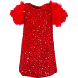 Feather Puff Sleeve Sequin Party Short Dress, Red