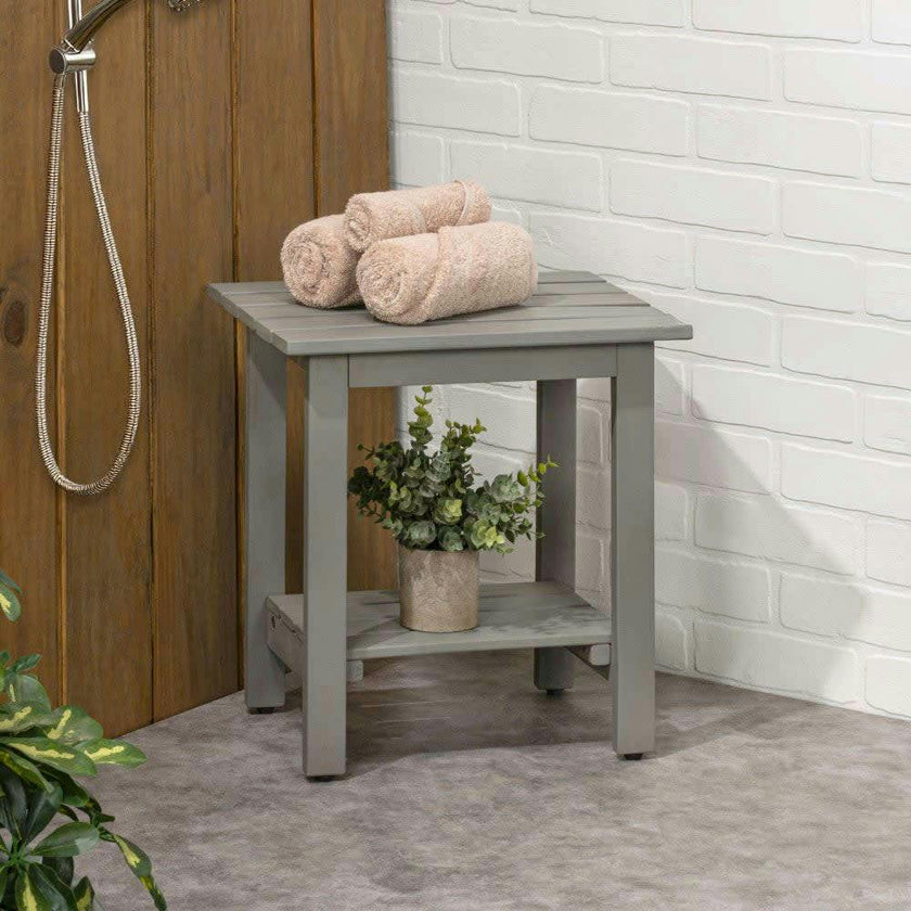 Kellie 16.1" Cottage Classic Slatted Solid Acacia Wood Indoor/Outdoor Shower Bench with Shelf