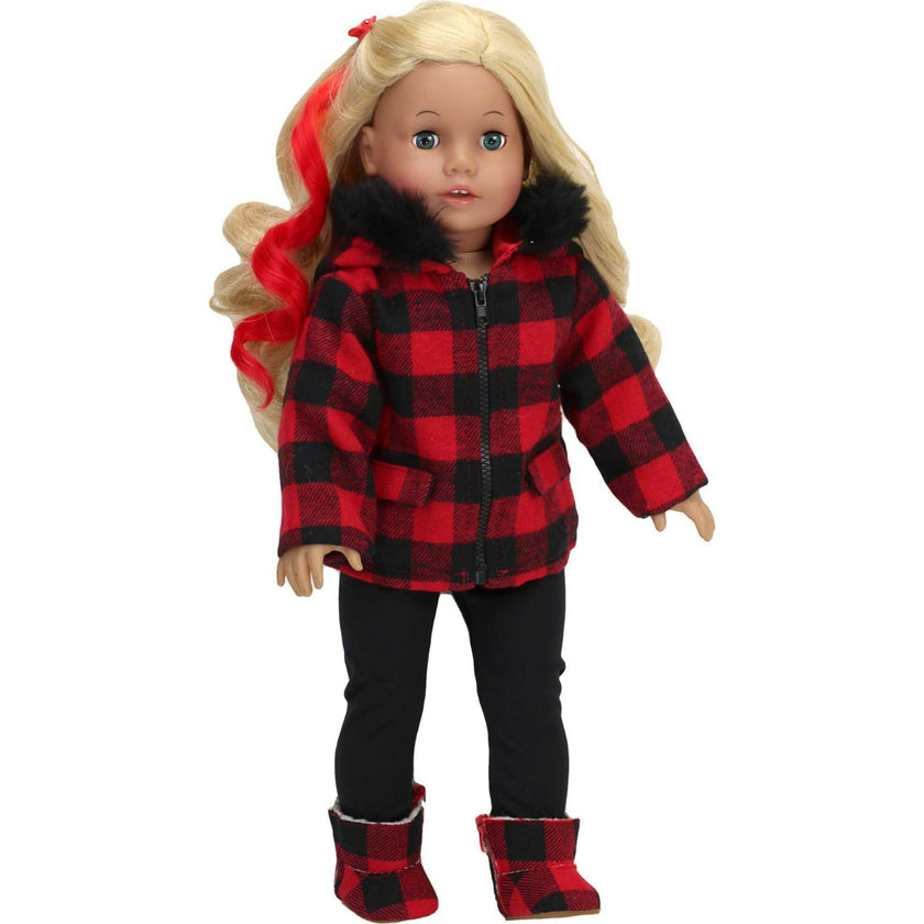 18" Doll Buffalo Check Fur Trimmed Coat