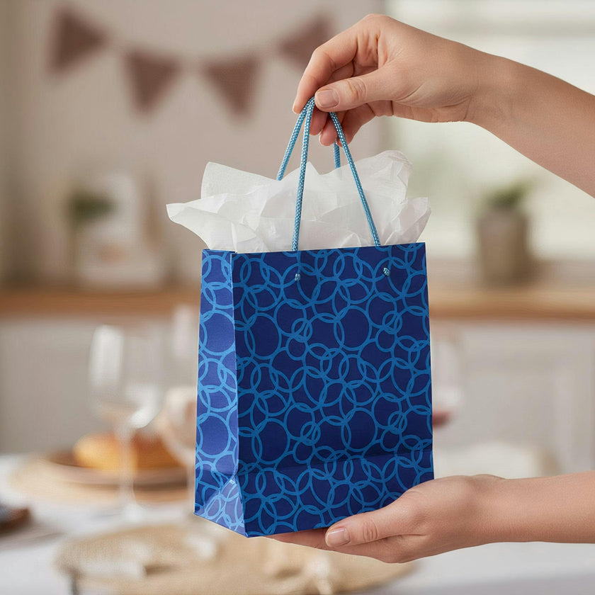 Set of Six Recycled Cotton Gift Bags Tag Blue Circles Design