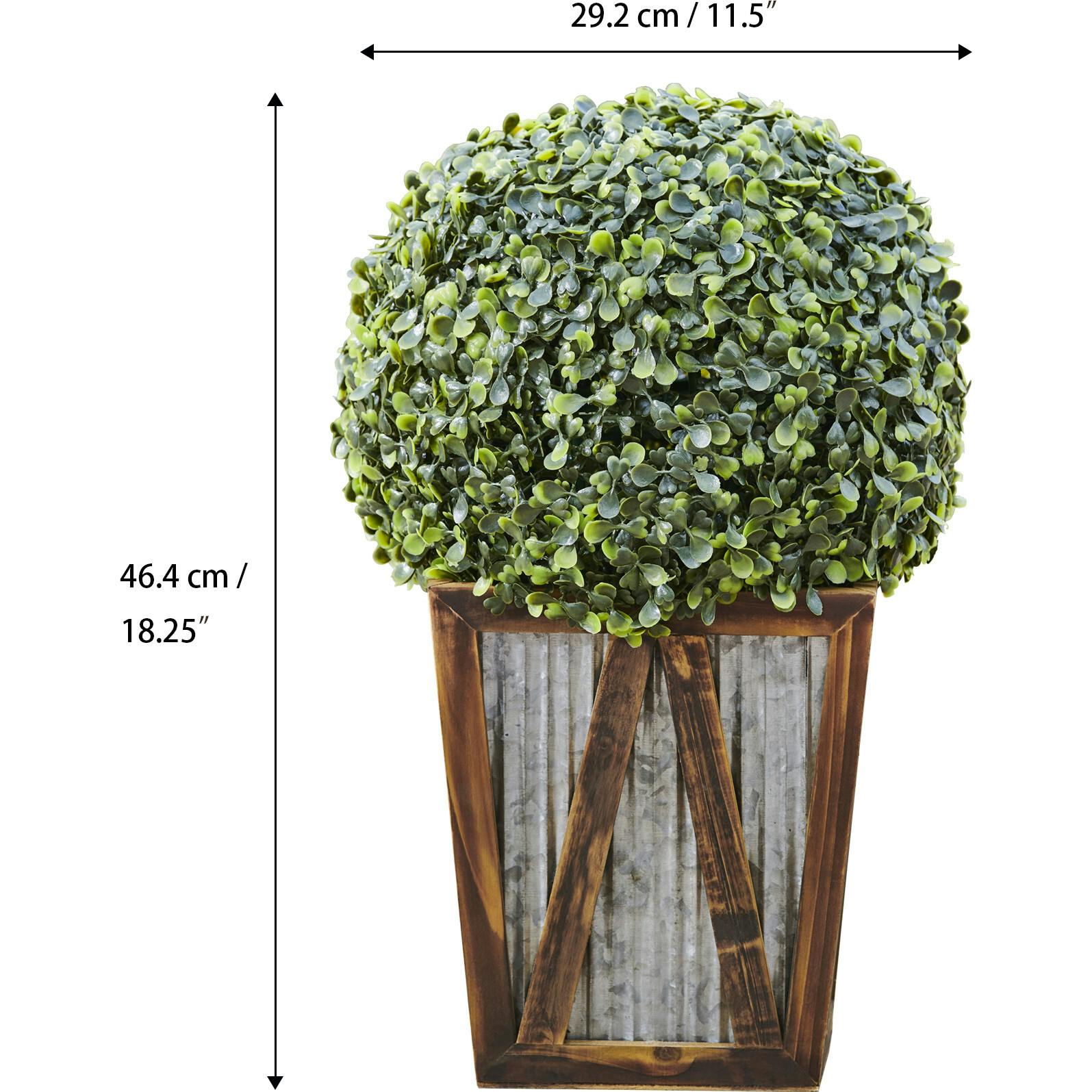 Rounded Artificial Topiary Shrub Pre-Lit With Solar Powered LED Lights In Farmhouse Style Garden Box Planter For Indoor Or Outdoor Use