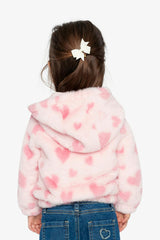 Hooded Full Zip Faux Fur Jacket Pink Printed With Hearts