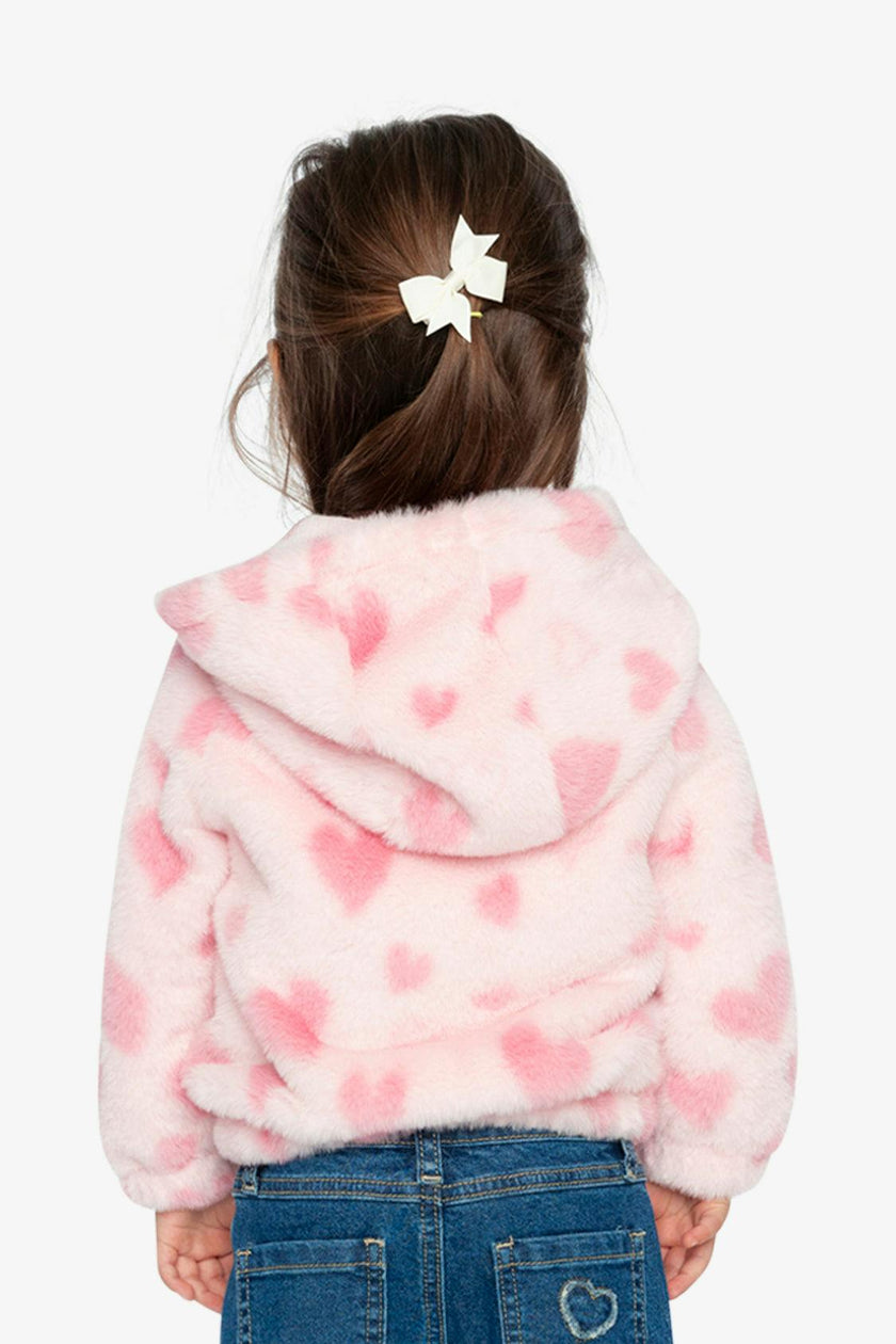 Hooded Full Zip Faux Fur Jacket Pink Printed With Hearts
