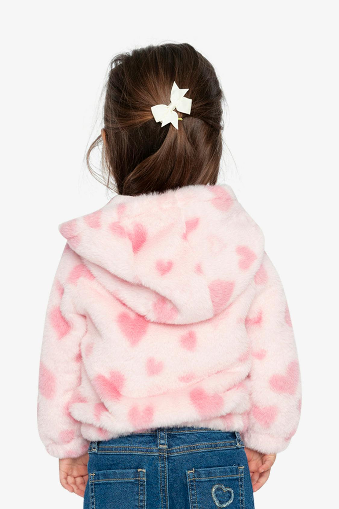 Hooded Full Zip Faux Fur Jacket Pink Printed With Hearts