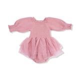 Solid Rose Elegance - Long Sleeve Smocked Bubble with Tutu